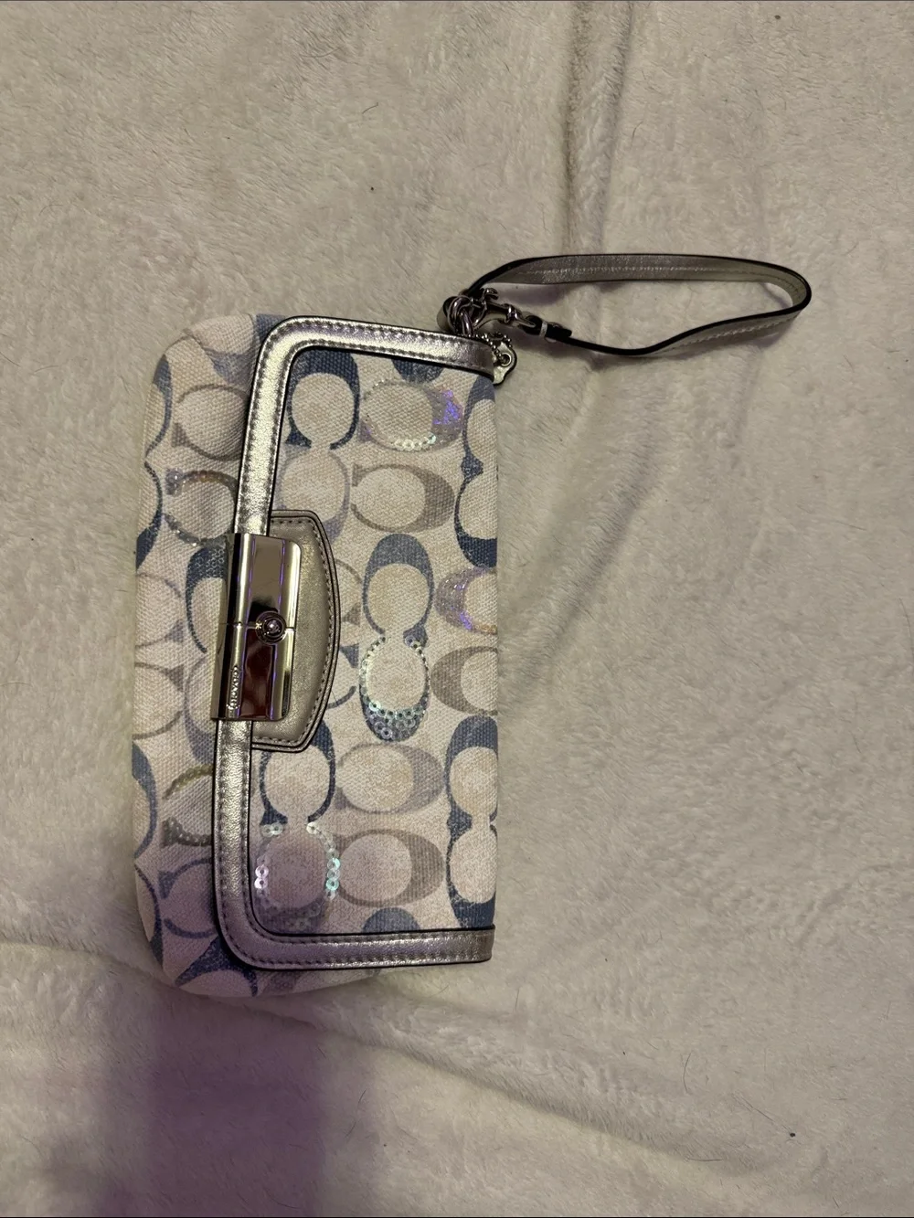 Coach Metallic Silver and Ivory Signature Wristlet